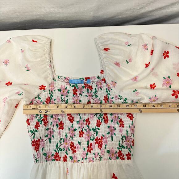 Draper James Floral Midi Dress Size S Smocked Puff Sleeve Linen Blend White Boho - Picture 12 of 14